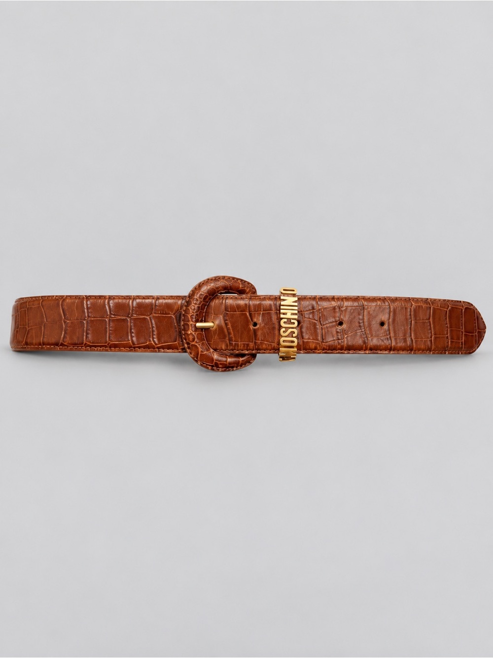 Authentic Moschino Brown Croc-Embossed Leather Belt with Gold Logo Accent